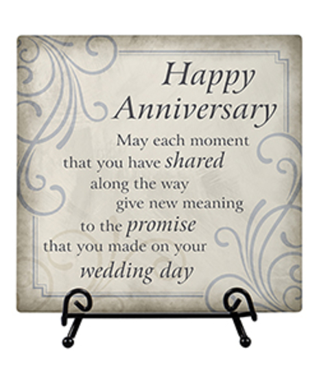 plaque with happy anniversary wishes and sentiment on metal easel and floral border designs