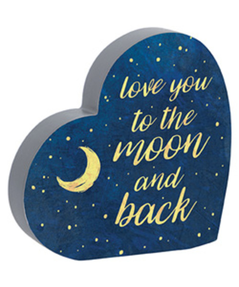 blue heart shaped wooden block reads love you to the moon and back
