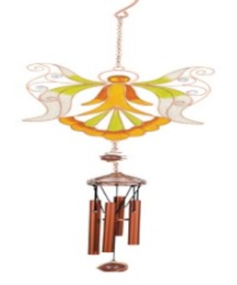 This is orange colored winged angel with metal pipe chimes hanging from it at the bottom