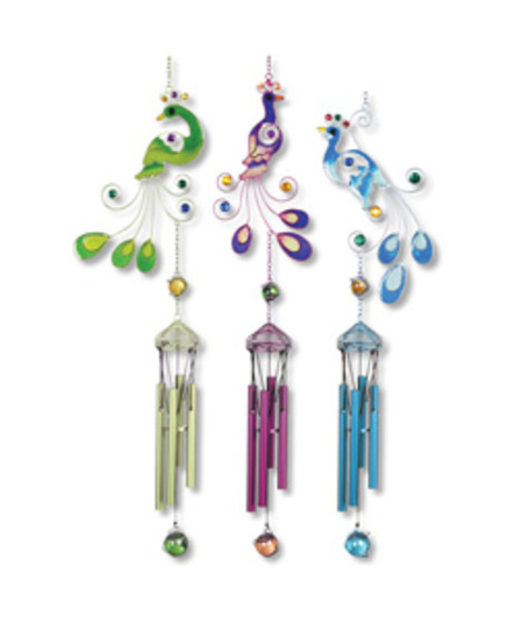 the chime has peacock on the top with metal pipe style chimes hanging down and hook to hang to wall 