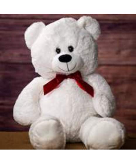 a sitting bear in your choice of white brown or tan with a red ribbon on the neck