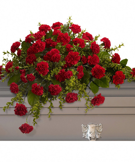 Radiant red carnations and miniature carnations accented by fresh greenery arrive in a lovely spray. Approximately 36 W x 27 H  