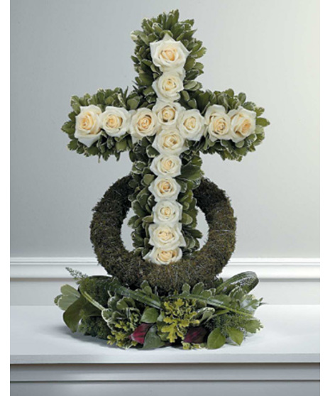 White Rose Cross with Moss Ring