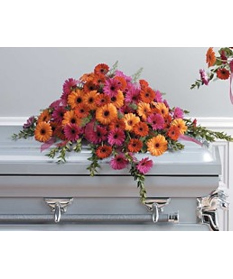 This magnificent casket spray arrangement includes red, orange and hot pink gerbera with myrtle, salal and fern
