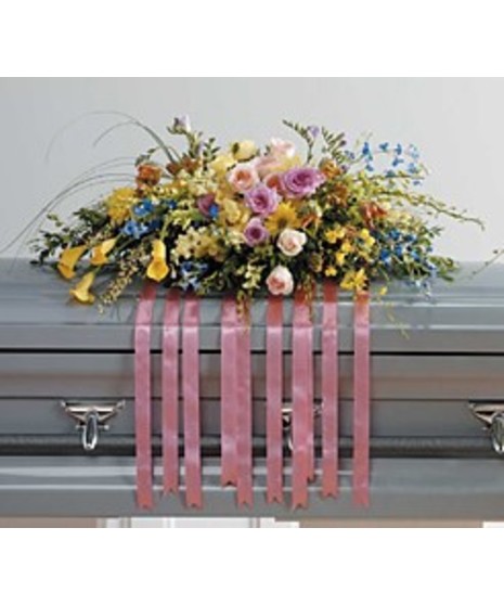 coral ribbon,delphinium,dendrobium,yellow oncidium,cymnbidium, calla, gerbera, orange tulips,cream stock, pink, peach &yellow roses ,lavender spray roses, genestra, coffey