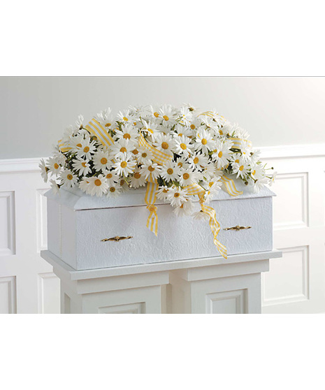 The casket for the child comes with all daisies and yellow ribbon. 
