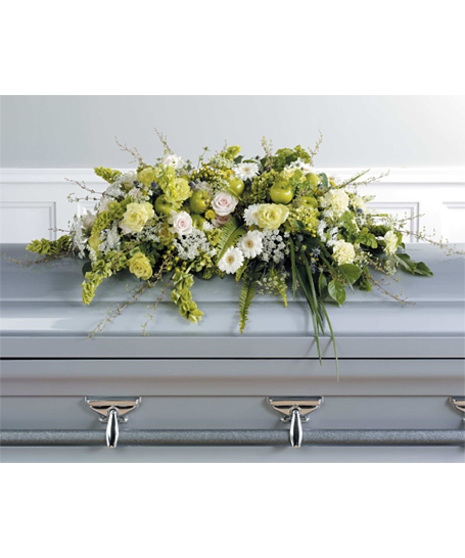 casket with green apples, roses, buttons,hypericum,carnations,hydrangea,bells of ireland, white gerbera, lavender roses, eryngium, queen Anne's lace, salal,fern,lily grass