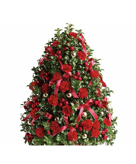 Table top christmas tree made out of box wood with gold mm balls and red ribbons and red miniature carnations ( no mini carnations int the standard version)