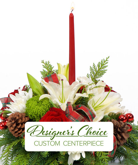 1 red candle centerpiece with red and white flowers and christmas greens and decorations designer's choice