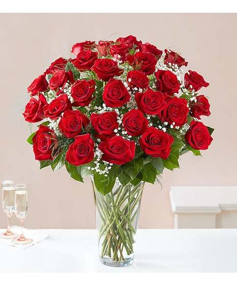 red roses with baby's breath, leather leaf, salal in clear glass vase all round display