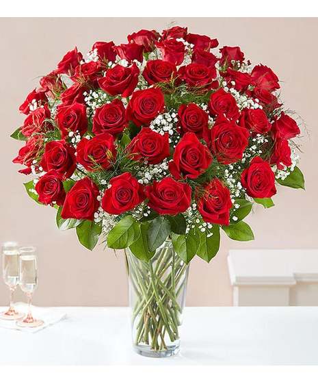 red roses with baby's breath, leather leaf, salal in clear glass vase all round display
