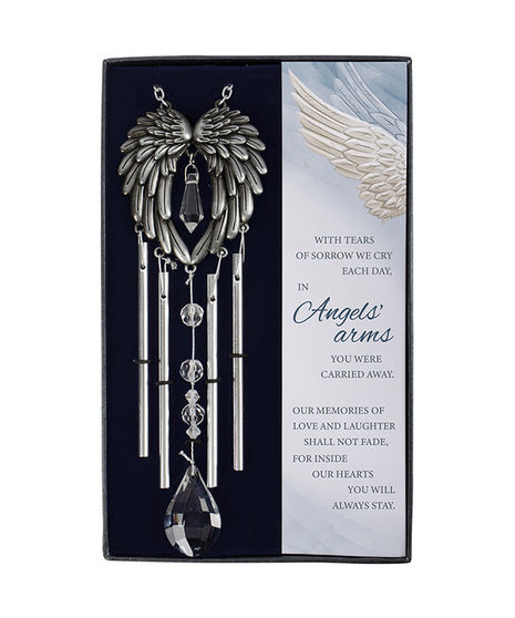  Gift Boxed Chimes are comprised of metal and high quality glass crystals. The box features a printed sentiment