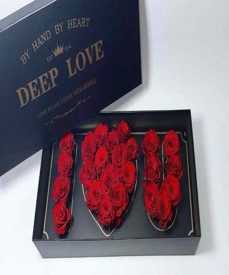 black box with roses arranged in shape of I, a heart, followed by U