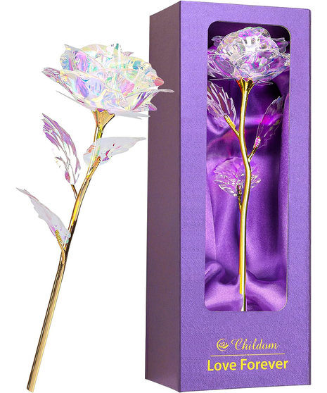 PURPLE BOX WITH SEE THROUGH WINDOW HAS A GOLD STEMMED IRRIDESCENT ROSE MADE FROM ACRYLIC/ PLASTIC