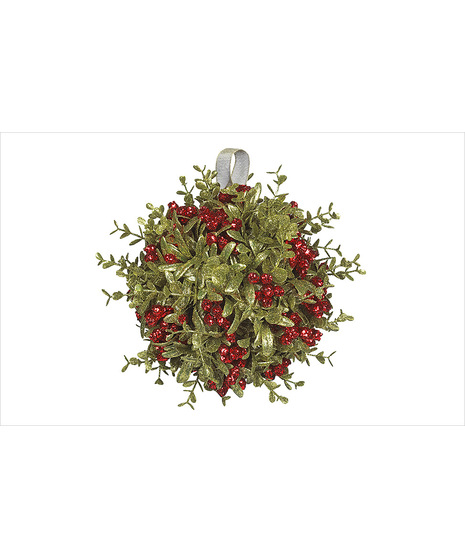 faux boxwood ornaments with red berries and glitter with a ribbon hanger on the top to imitate real mistletoe ornament ball