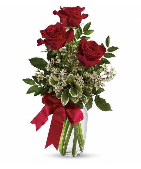 3 Roses Vased With Filler & Bow