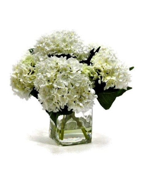 white hydrangeas arranged in a clear glass cube makes a lovely centerpiece