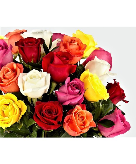 roses in mix colors of red yellow white orange hot pink with leather leaf and slals in vase