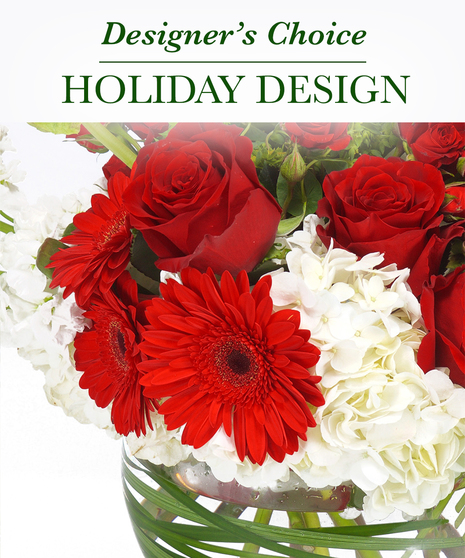 vase arrangement in red and white designer's choice of flwoers like gerbera hydrangea roses etc