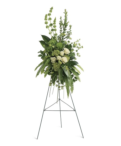standing spray with white roses, green hydrangeas, bells of Ireland, dianthus, bupleurum. fern, emerald 