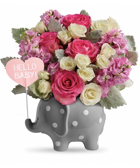 This adorable gift features pink roses, white spray roses, pink stock, and dusty miller. Delivered in a Hello Baby Elephant.