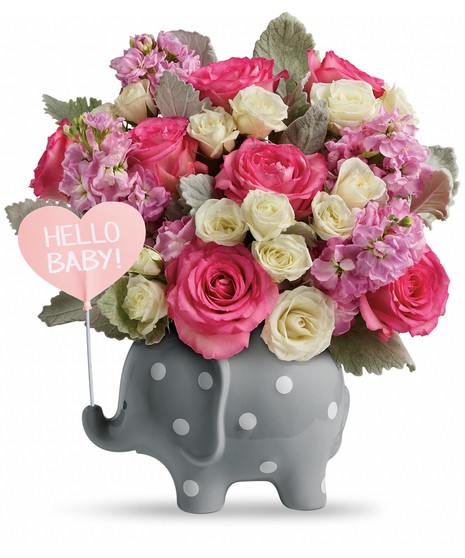 This adorable gift features pink roses, white spray roses, pink stock, and dusty miller. Delivered in a Hello Baby Elephant.