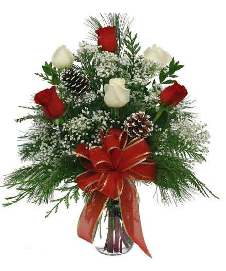 red and whtie roses nestled among evergreens with frosted pine cones and red bow in a clear glass for christmas